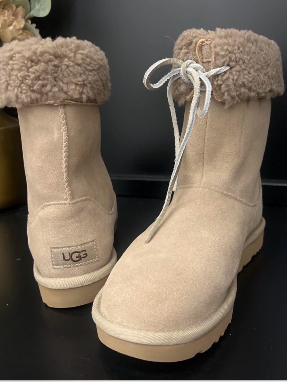 UGG Women's Beige Suede Shearling Cuff Lace-Up Boots